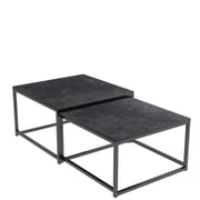 Wisfor Set of 2 Square Coffee Tables Living Room Nesting End Side Tables, Black Stoned Top, Metal Frame