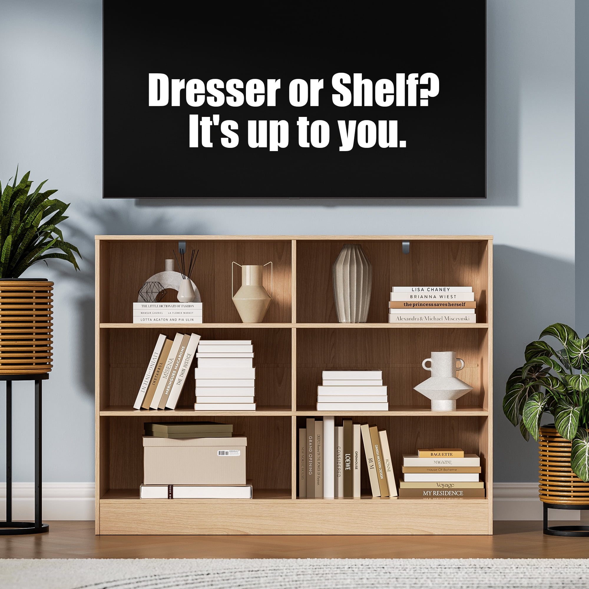 3 Tier Storage Organizer Wooden Book Shelf, 6 Cube Bookcase, 6 Removable Fabric PU Drawers Open Bookshelf, Modern Floor Standing Display Bookshelf for Living Room, Entryway, Home Office,Oak