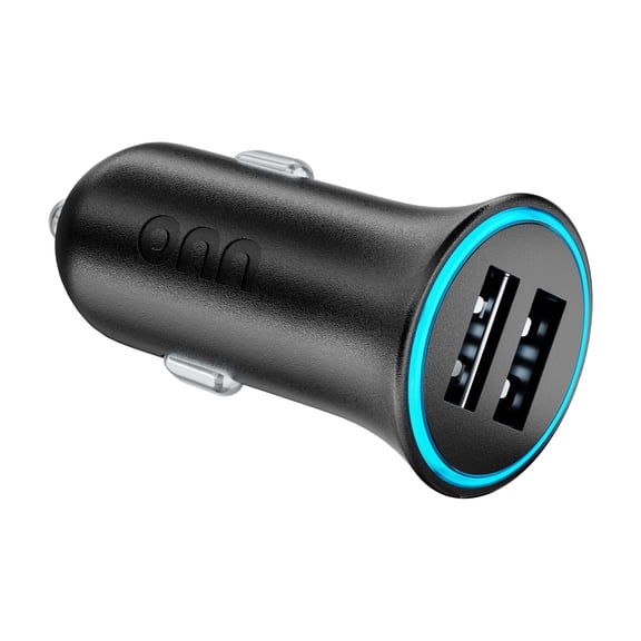 onn 24W Dual USB-A Port Car Charger with Compact Design for Cigarette Lighter Adapter