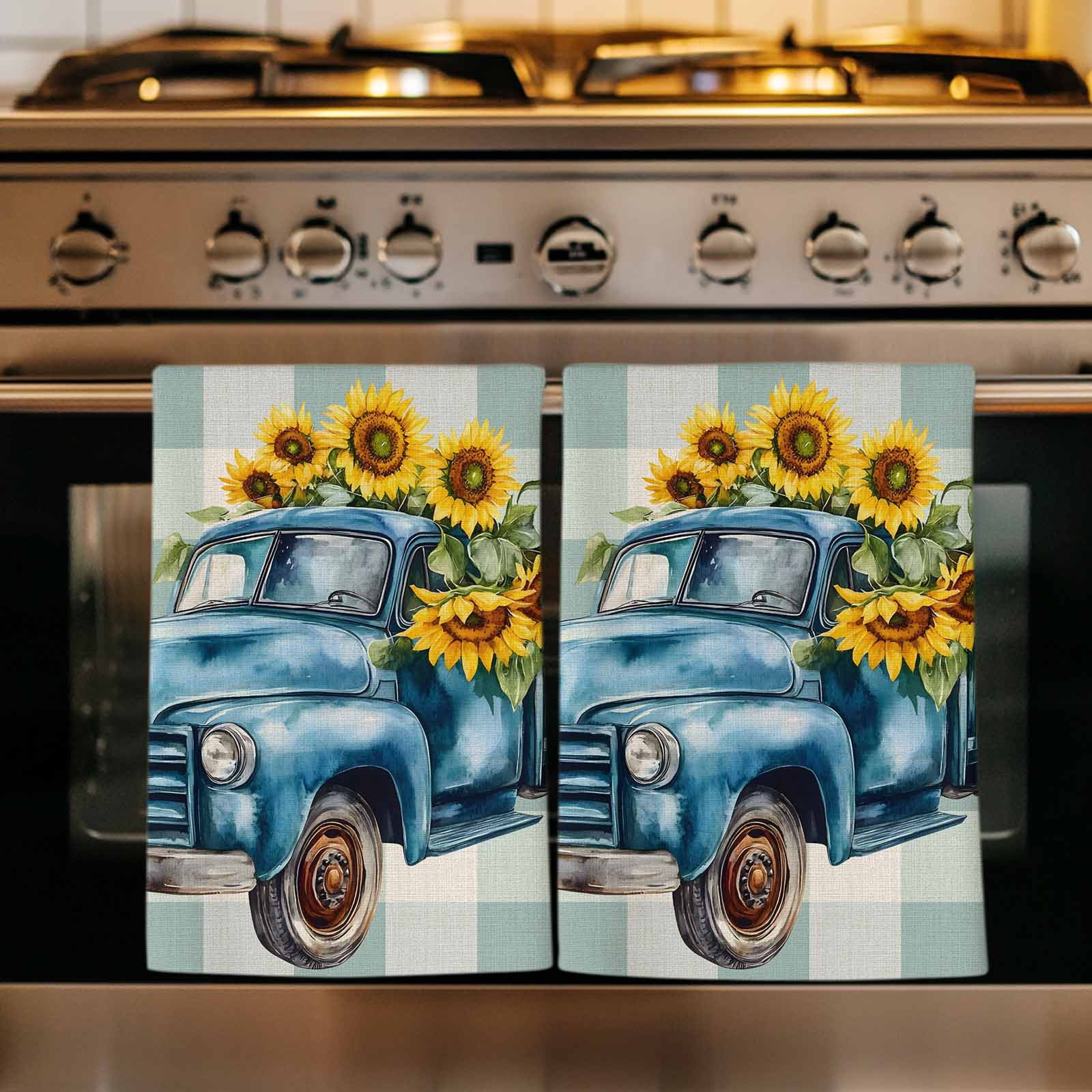 Blue Truck Yellow Sunflower Kitchen Towels Set of 2, Summer Teal Plaid Vintage Soft Microfiber Dish Towels, Absorbent Quick-Dry Washable Dishcloths for Kitchen Cleaning, Drying Dishes, 18x28 Inches