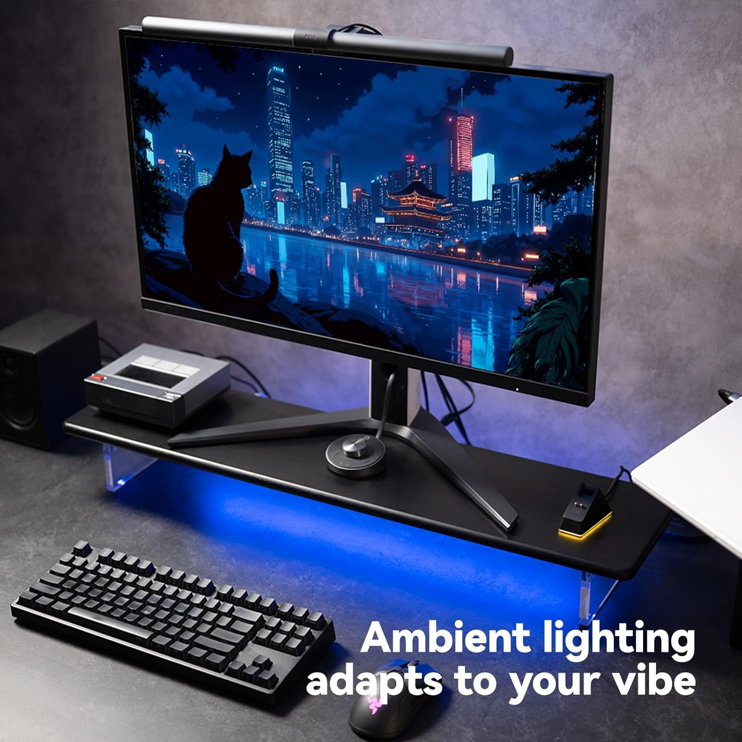 Bamboo Monitor Stand Riser with RGB Lights,31.5 Inches Desktop Shelf with Acrylic Legs Supports for Desk, PC Computer Monitor, Laptops, Printer, Speakers (Black)