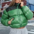 thumbnail image 2 of ShomPort Womens Cropped Puffer Jackets Stand Collar Color Block Zipper Short down Coats Casual Winter Outwear (Green), 2 of 6