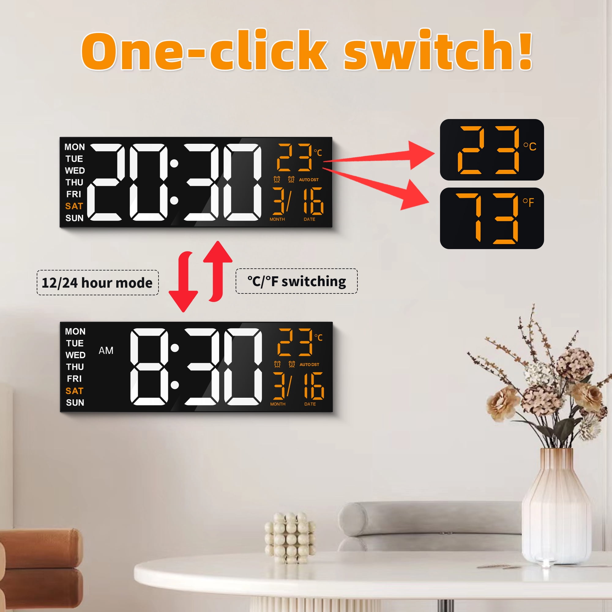 TOYOOSKY 16" Large Digital Wall Clock with 8 RGB Led Display & Remote Control