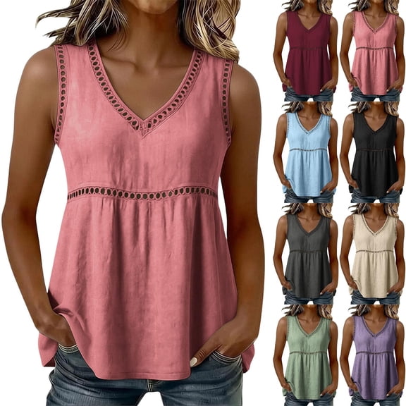 Loopsun Women Summer Camisoles V Neck Sleeveless Hollow Out Solid Casual Daily Relaxed Tops