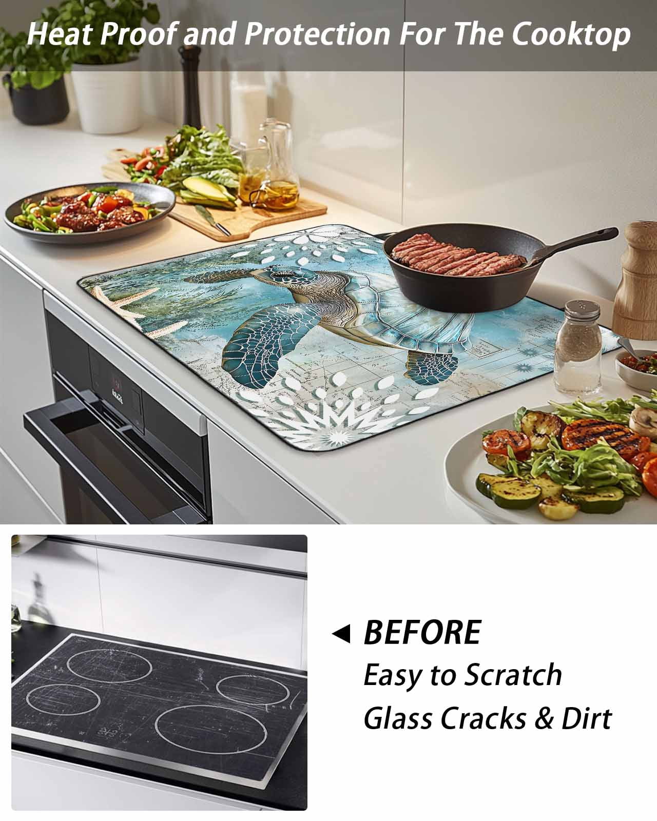 Stove Top Covers for Electric Stove, Sea Turtle Coastal Glass Stovetop Cover Protector, Summer Beach Teal Coral Starfish Induction Cooktop Protector Oven Mat for Kitchen Countertop 28.5"x20.5"