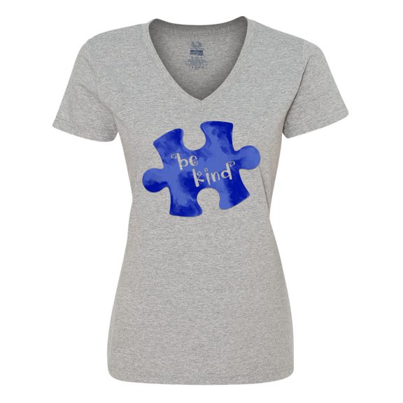 Inktastic Autism Awareness Be Kind Dark Blue Puzzle Piece Women's V-Neck T-Shirt