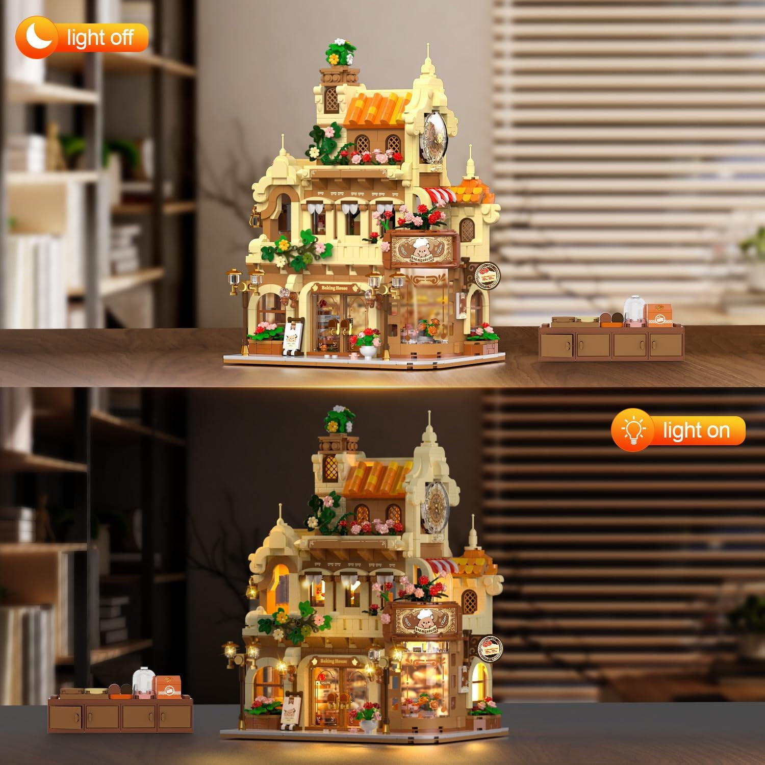 INSOON City Bakery Cafe House Building Set with LED Light, 1289 PCS City Architecture Building Blocks Model Kit, Modular Bakery Shop Display Set for Adults Teens 8-12+