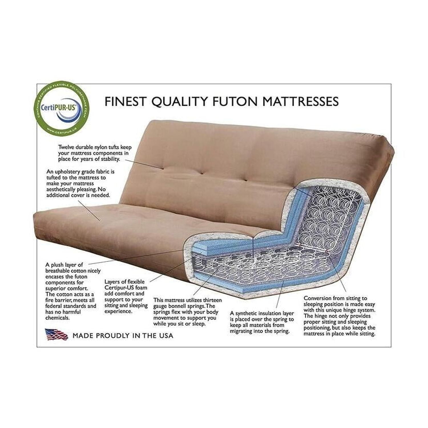 French Country Full Futon Frame Set with Mattress and Storage Drawers, Classic Foldable Hardwood Frame, Easily Converts To Bed