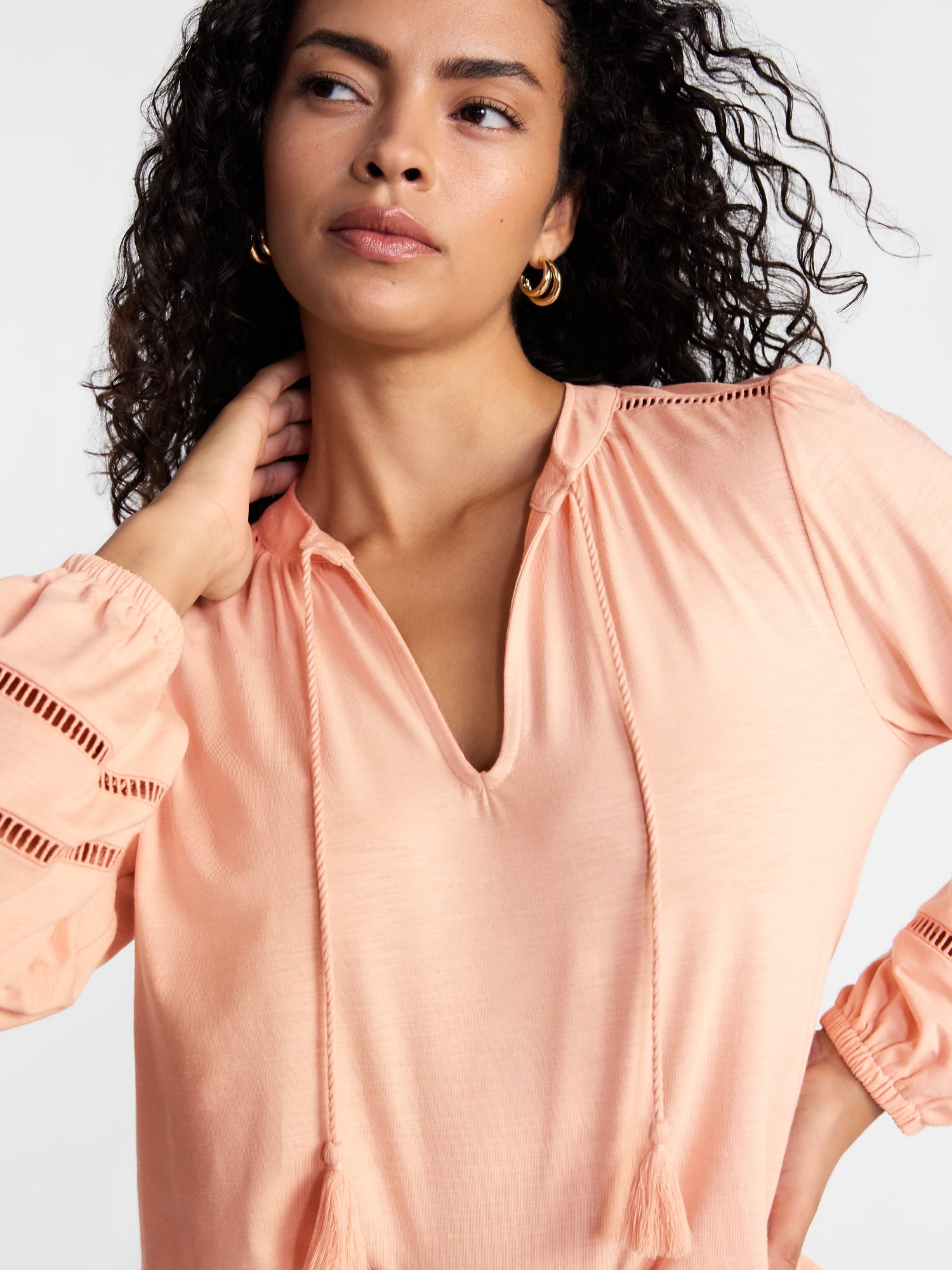 Scenario Women's Slub Knit Split Neck Top with Long Sleeves, Sizes XS-XXXL