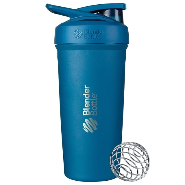 Termo BlenderBottle Strada Insulated Stainless Steel 24oz Azul, vaso mezclador aislado de acero inoxidable con tapa de cierre seguro y batidor BlenderBall para mezclas suaves sin grumos, base redonda y asa ergonómica para fácil transporte, ideal para vitaminas y suplementos.