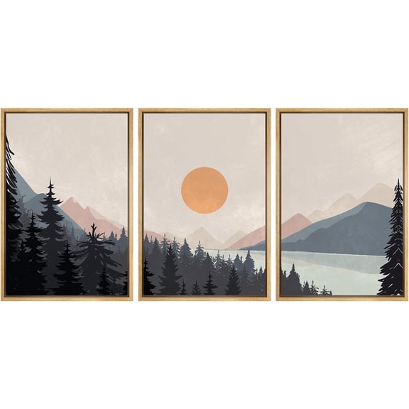 Wall26 Framed Prints Canvas Wall Art Set of 3 Pastel Pine Tree Forest Mountain Range Lake Nature Wilderness Landscape Decoration Multicolor Modern Home Wall Decora - Natural 24"x36"x3