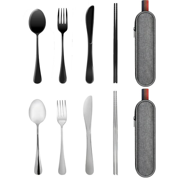 2 Set Travel Utensils with Case, Black & Silver Color Portable Silverware Set for Work Stainless Steel Reusable Travel Cutlery Set Fork Spoon Set for Camping Picnic Gadgets Lunch Box for Men Women