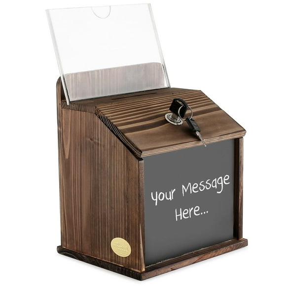 Rustic Burnt Wood Wall Mount or countertop Restaurant Tip Box,Fundraising Donation Money Collection/wide slot Comment Ballot Box with Lock and Keys,Clear Acrylic Display Holder and Chalkboard Surface