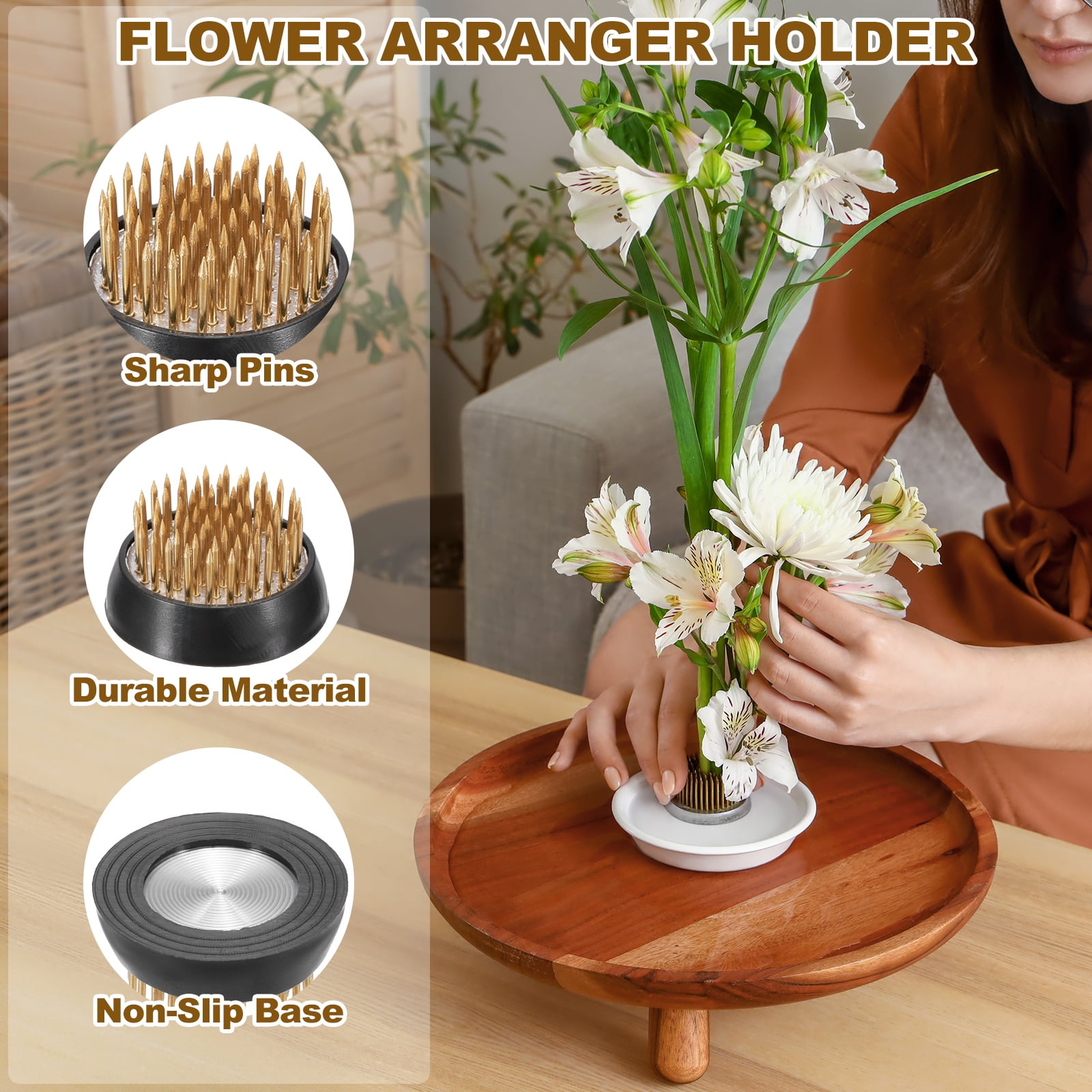 Uxcell 4 Pcs Floral Frogs Kenzan, 1.3 Inch Round Brass Steel Flower Arrangement Holder, Arranger Pin Fixed Tool for Vase Centerpiece, Wedding, Home Decoration, Brass/Silver