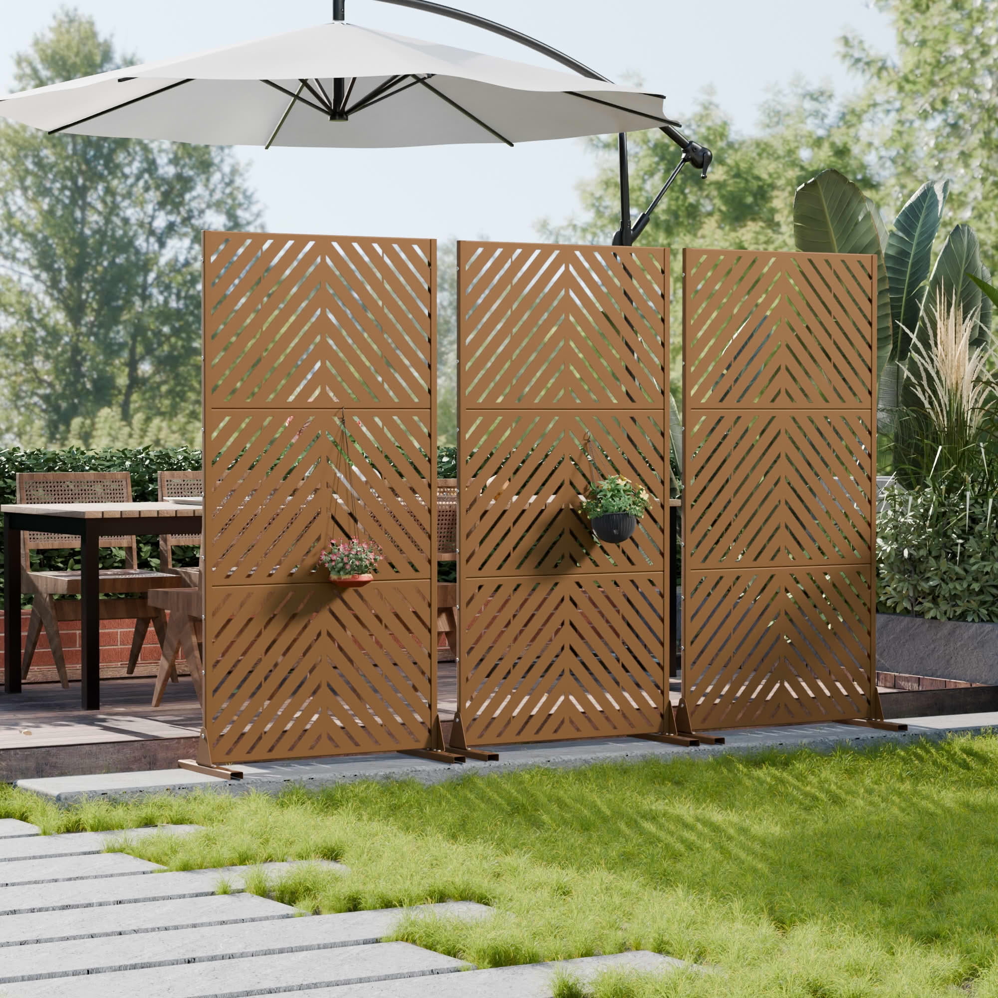MAYEERTY Outdoor Metal Privacy Screen 6ft × 3ft Brown, 3-Panel Parallel Decorative Screen, Rust-Resistant for Patio