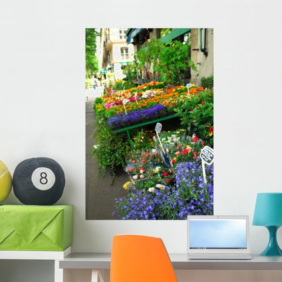 Colorful Flower Stand Sidewalk Wall Mural by Wallmonkeys Peel and Stick Graphic (36 in H x 24 in W) WM224837