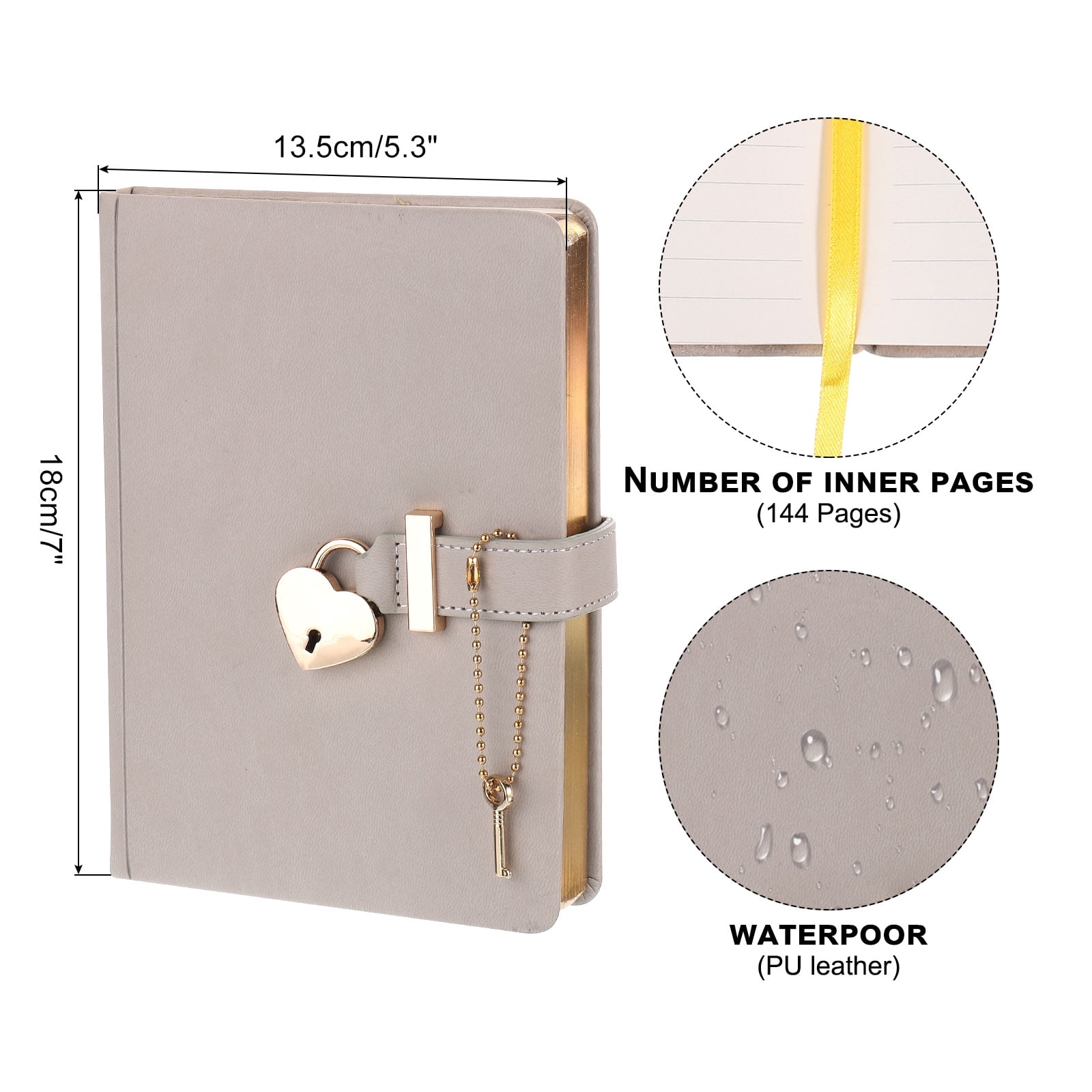 Uxcell B6 Diary with Lock and Key, Journal with Lock Cute Journaling Leather Notebook Journal Diary Heart Lock, Grey