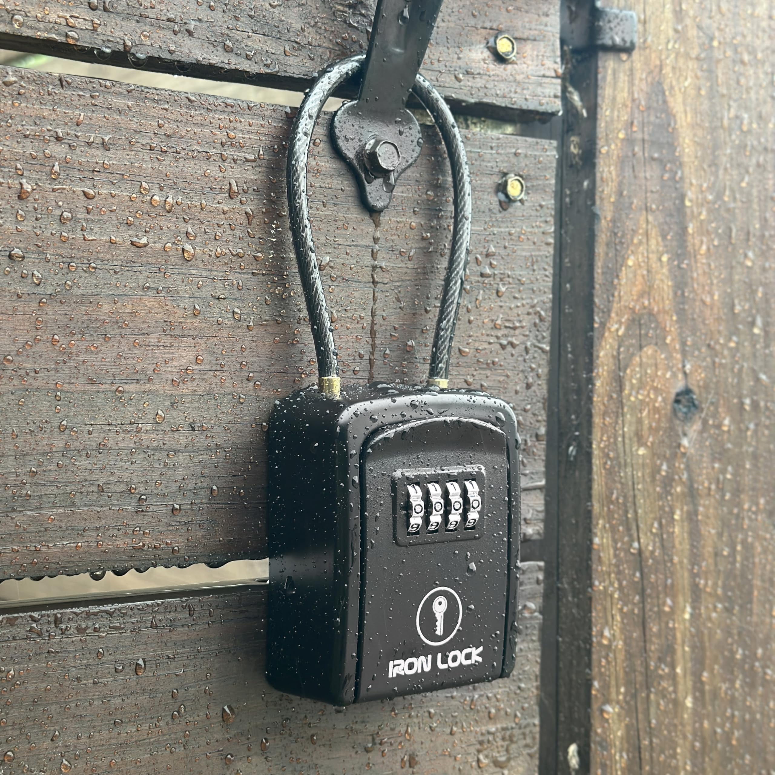 Iron Lock® Key Lock Box Portable with Cable Shackle – Small Waterproof Heavy-Duty Metal Safe with 4-Digit Combination for Spare Keys Outside on Door Knob, Fence, Pipe or Gate (Black, Small)
