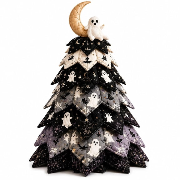Liamobondopolis Diy Halloween Quilted Fabric Tree Kit with Ghost and Moon Topper, Quilted Fabric Tree Pattern and Kits for Halloween Indoor Tabletop Decor, 11.81 Inches