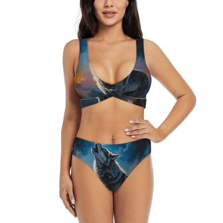 Zeuib Lonely Night Sky Wolf High Waisted Tummy Control Bikini Set - Knot Front Push Up Top & Cheeky Thong Bottom  Two-Piece Swimsuit for Women-Small