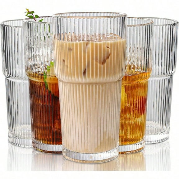 Set of 6 Oversize Ribbed Glassware 20oz Vintage Clear Glass Tumbler Large capacity Origami Style Fluted Design Ideal for Water Iced Coffee Beer Tea Latte Housewarming Gift Large
