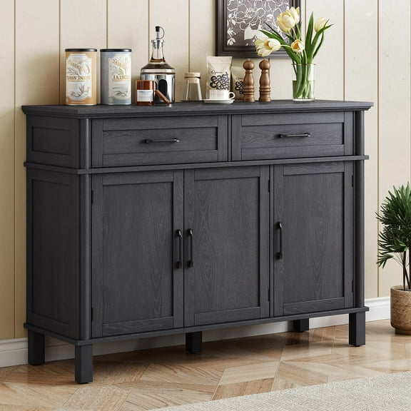 Classic Farmhouse Buffet Cabinet 48 Inches, Sideboard Storage with 2 Drawers 3 Doors, Adjustable Shelves Coffee Bar Cabinet for Kitchen Living Room, Black