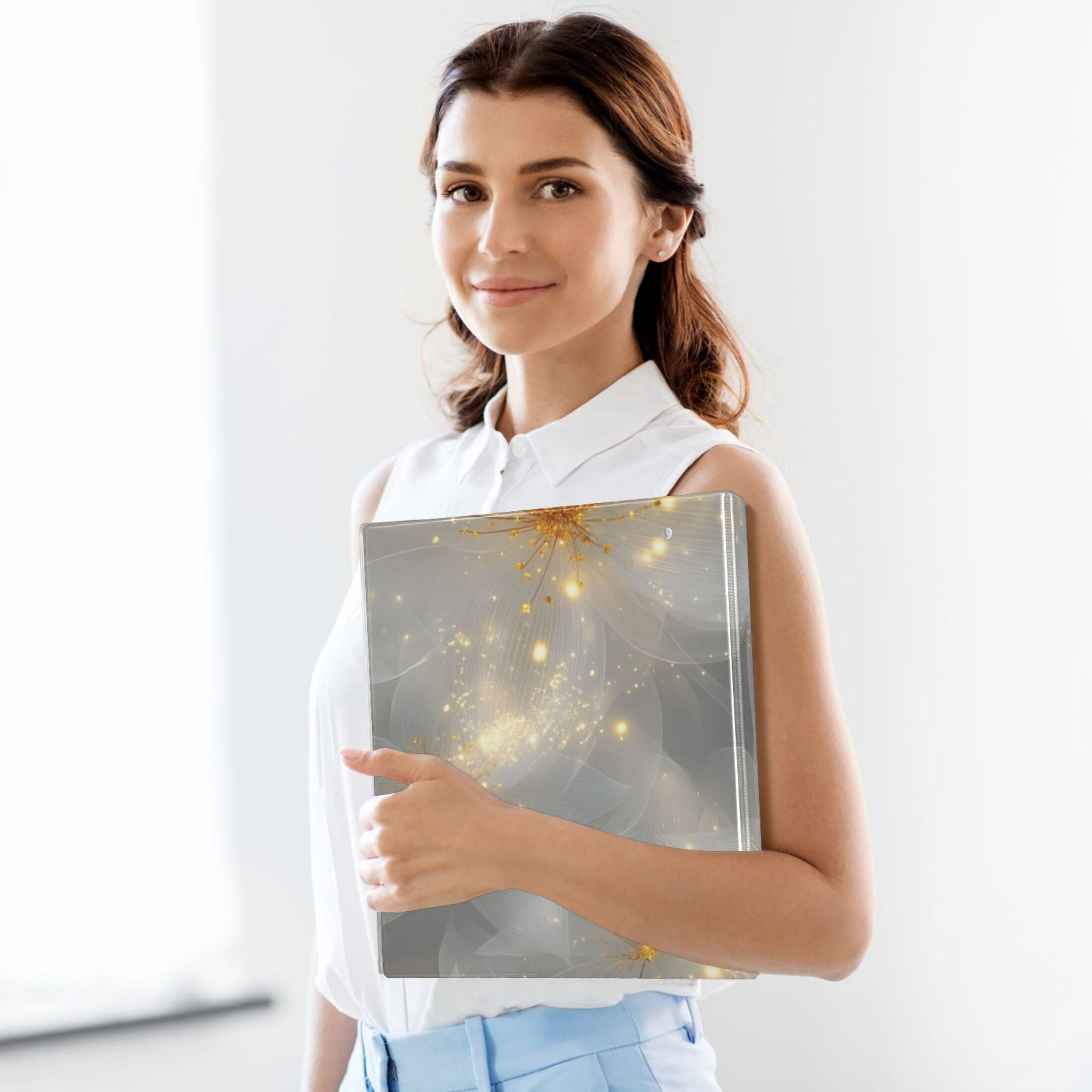 Gold Light Flowers 3 Ring Binders 1.5 inch Hardcover File Folders with Interior Pockets A4 Size Organizer for School Office Hospital