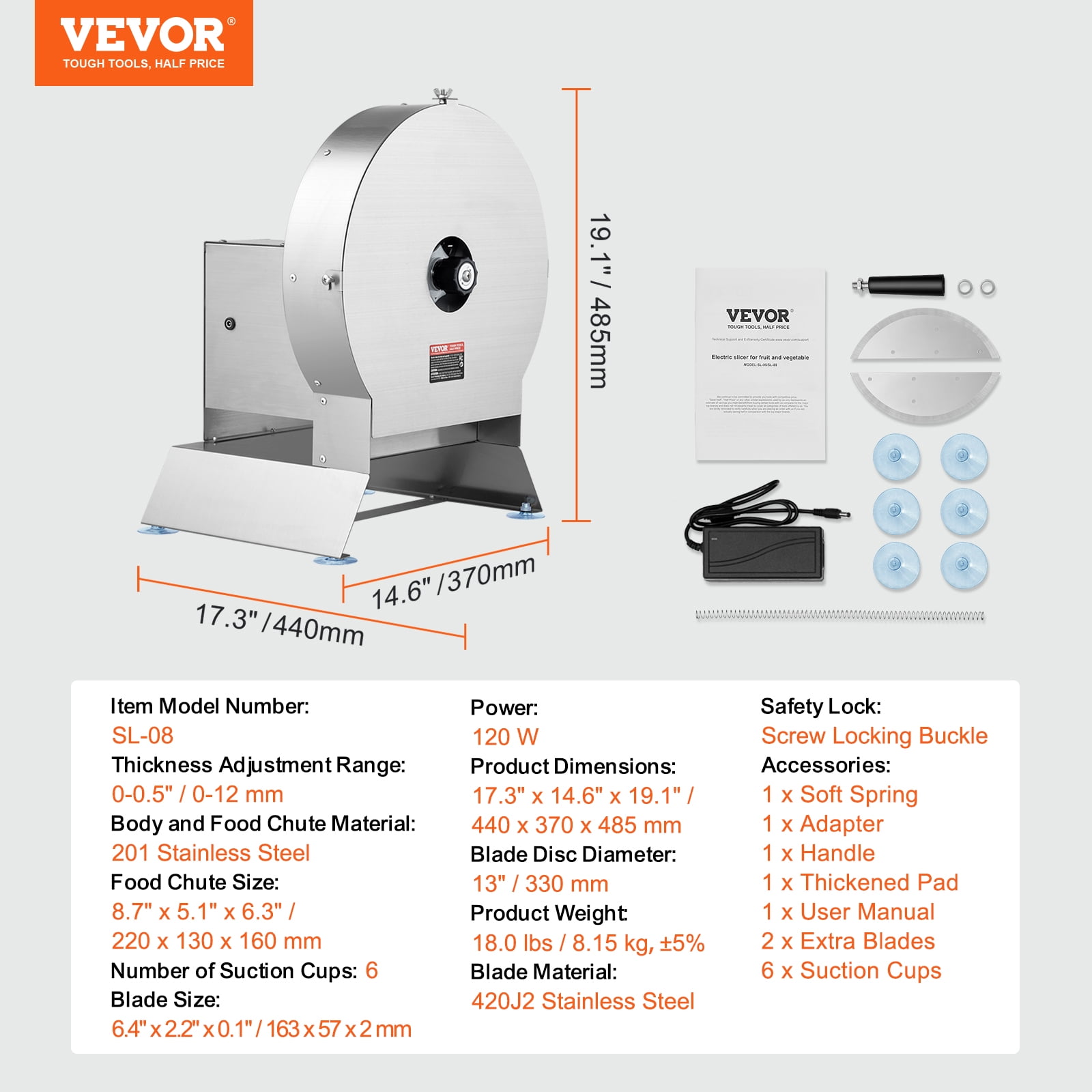 VEVOR Electric Vegetable Slicer, 0-0.5"/0-12mm Thickness Adjustable Commercial Slicer Machine, Convertible to Manual, Stainless Steel Food Cutter Slicing Machine, Large Feed Port for Potato