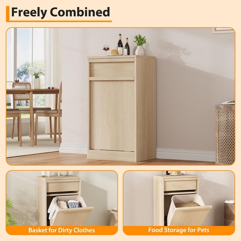 TROPOW Tilt Out Trash Cabinet, Modern Hidden Freestanding Garbage Can & Laundry Hamper, Pet Proof Tilt-Out Trash Bin Cabinet with Drawer for Kitchen, Dining Room, Laundry, Living Room
