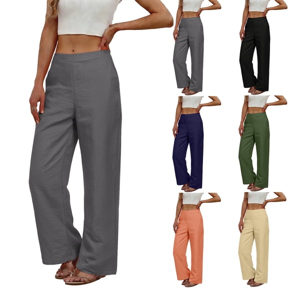 Laqbezok Women's Cotton Linen Wide Leg Pants, Loose High Waist Casual Trousers with Pockets, Summer Breathable Lounge Outfit