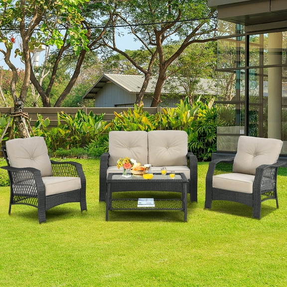 Costway Patio Furniture Set - 4PCS Collection - Loveseat Sofa Coffee Table with Cushion, Beige