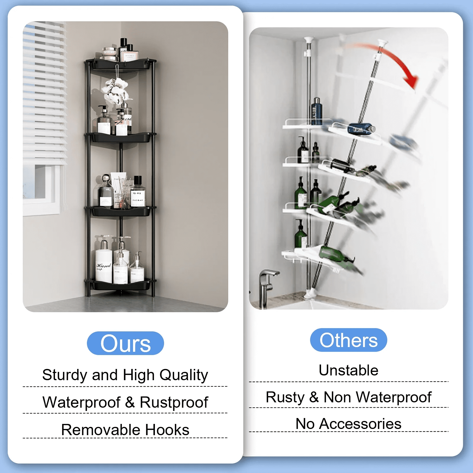 TINANA 4 Tier Floor Standing Corner Shower Caddy Organizer: Reinforced Plastic Shower Shelves with Extra-Tall Storage for Large Shampoo Bottles, Rustproof Bathroom Corner Shelf Rack with Hooks, Black