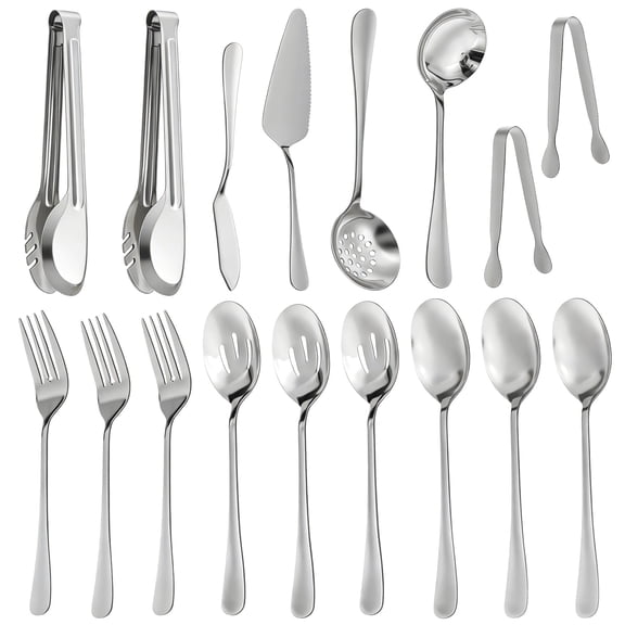 Fkszll 17Pcs Serving Utensil Stainless Steel Serving Spoons Slotted Spoons Forks Tongs Cake Pie Server Soup Spoon Buffet Banquet Cutlery Set for Party Entertaining Catering Silver