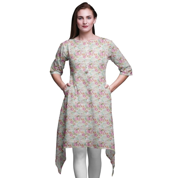 Bimba White Leaves & Rose Floral Printed Tops For Women Asymmetric Kurti Summer Dress For Girls XXX-Large