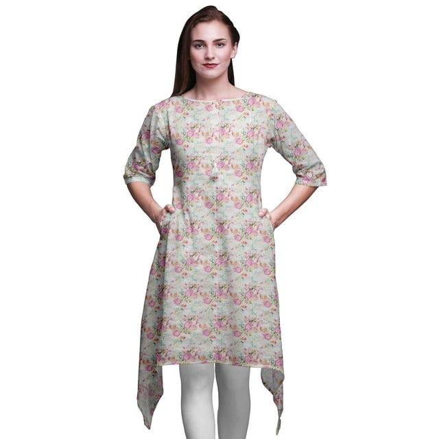 Bimba Tunique Indienne à Feuilles Blanches et Roses Florales pour Filles Haut Imprimé Décontracté pour Femmes Kurti Ethnique XSmall