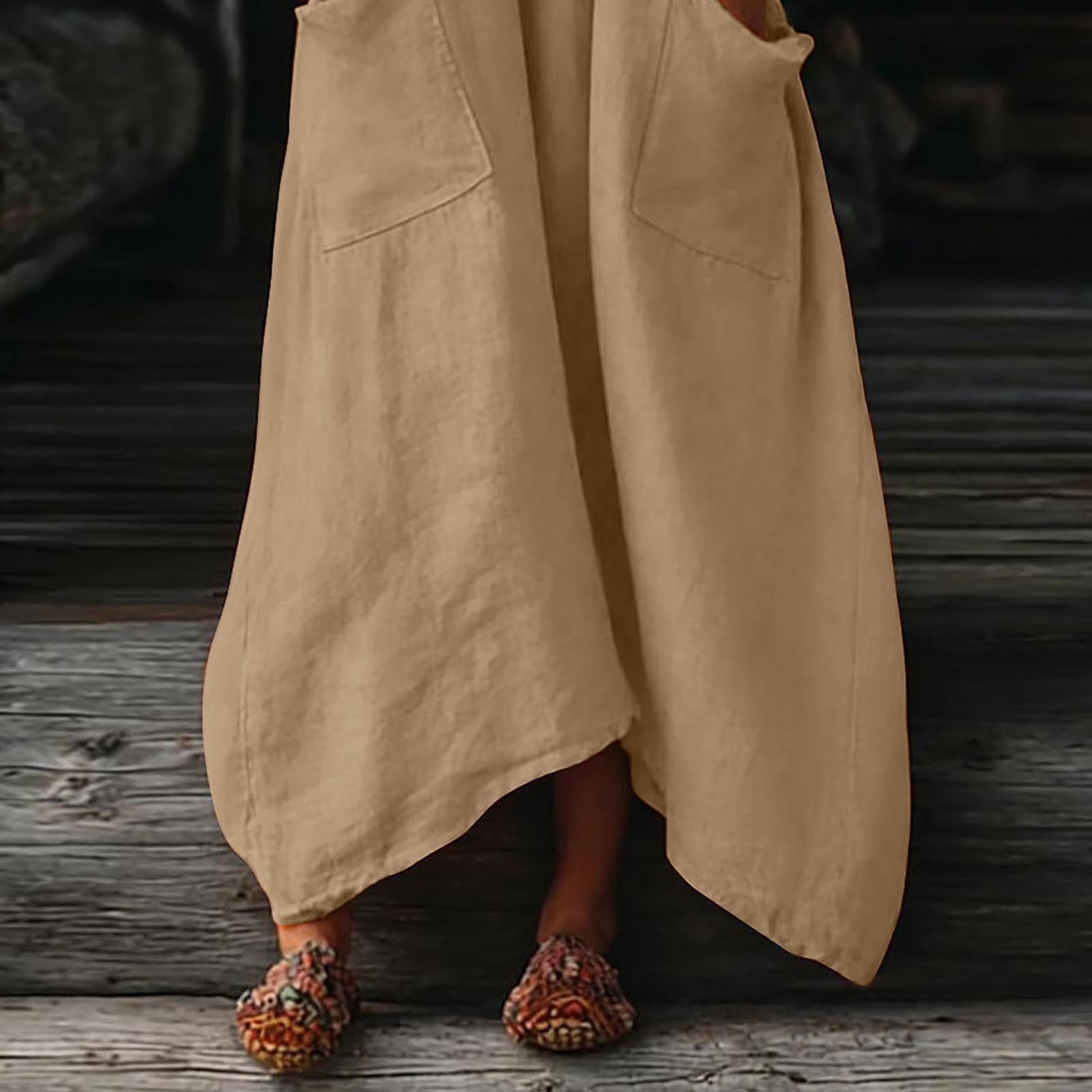 Dresses for Women, Womens Casual Loose Cotton Linen Long Shirt Dress, V-Neck Cuffed Sleeve Side Split Dresses with Pockets