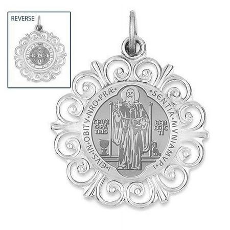 Picturesongold.Com Saint Bendedict Double Sided Round Filigree Religious Medal 3/4 inch in Solid 14K White Gold