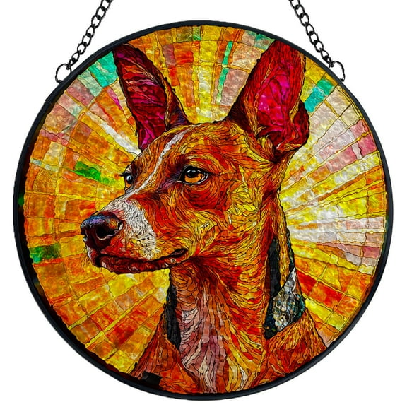 Stained Glass Suncatcher Panel Basenji Dog in Flowers Handmade Glass Wingdow Hanging Suncatcher Ornaments Crafts Kits for Memorial and Garden Indoor Decor 6.3"-7