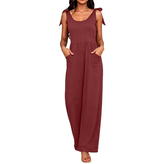 Lenpel Womens Wide Leg Jumpsuits Crew Neck Adjustable Tie Straps Casual Loose Rompers with Pockets Fashion Clothes
