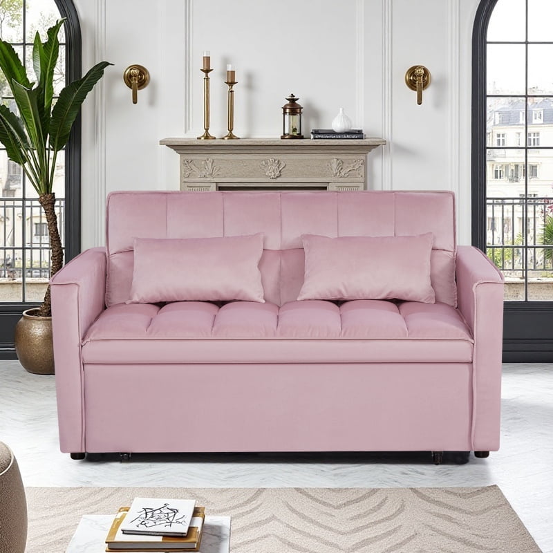 BSHTI 54" Pull-Out Sleeper Sofa Bed, Twin Size with Solid Wood Frame, 3-Position Reclining Back, Velvet Upholstery with Piping, Side Pocket Storage, 2 Pillows Included,Pink
