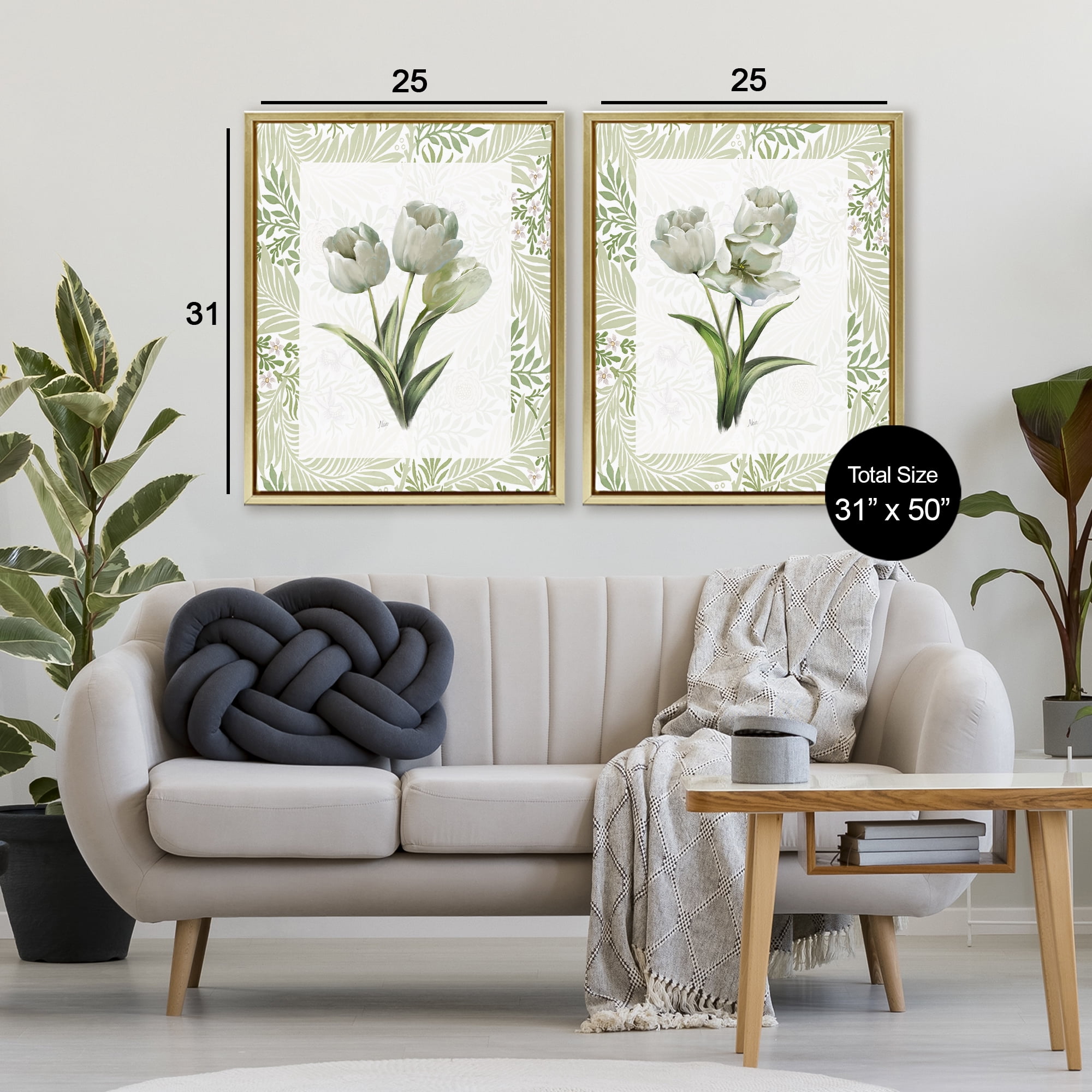 Stupell Industries Soft Green Tulip Trios 2 Piece Gold Framed Floater Canvas Set, design by Nan