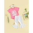 thumbnail image 3 of Suealasg 3Pcs Kid Toddler Baby Girls Birthday Clothes Set Short Sleeve Crew Neck Letters Print Romper/T-shirt +Flare Pants +Hairband 6M 1T 2T 3T 4T 5T Summer Outfits, 3 of 9
