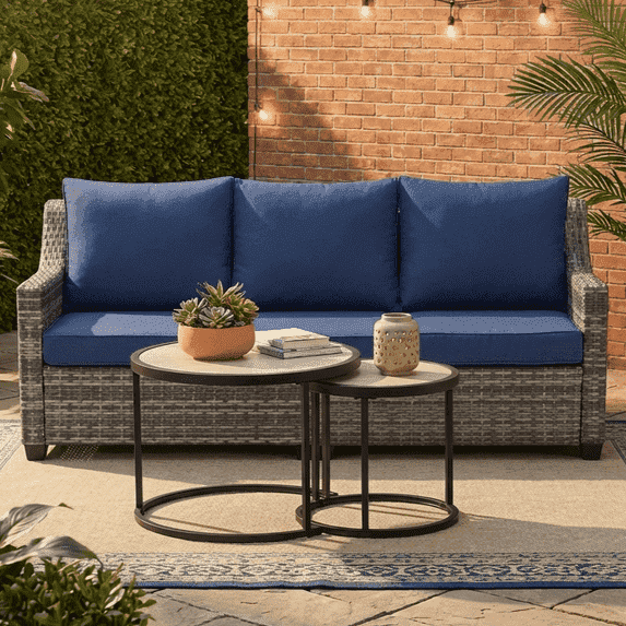 Decksplore 3-Seat High Back Outdoor Rattan Sofa, All-Weather Brown Wicker Couch with Navy Blue Cushions, Deep Seat Design for Patio Backyard Porch Balcony