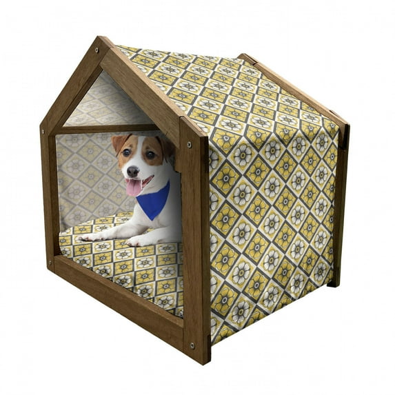 Grey and Yellow Pet House, Tile Like Spring Flowers in Rectangular Shape Image, Outdoor & Indoor Portable Dog Kennel with Pillow and Cover, 5 Sizes, Charcoal Grey Yellow, by Ambesonne