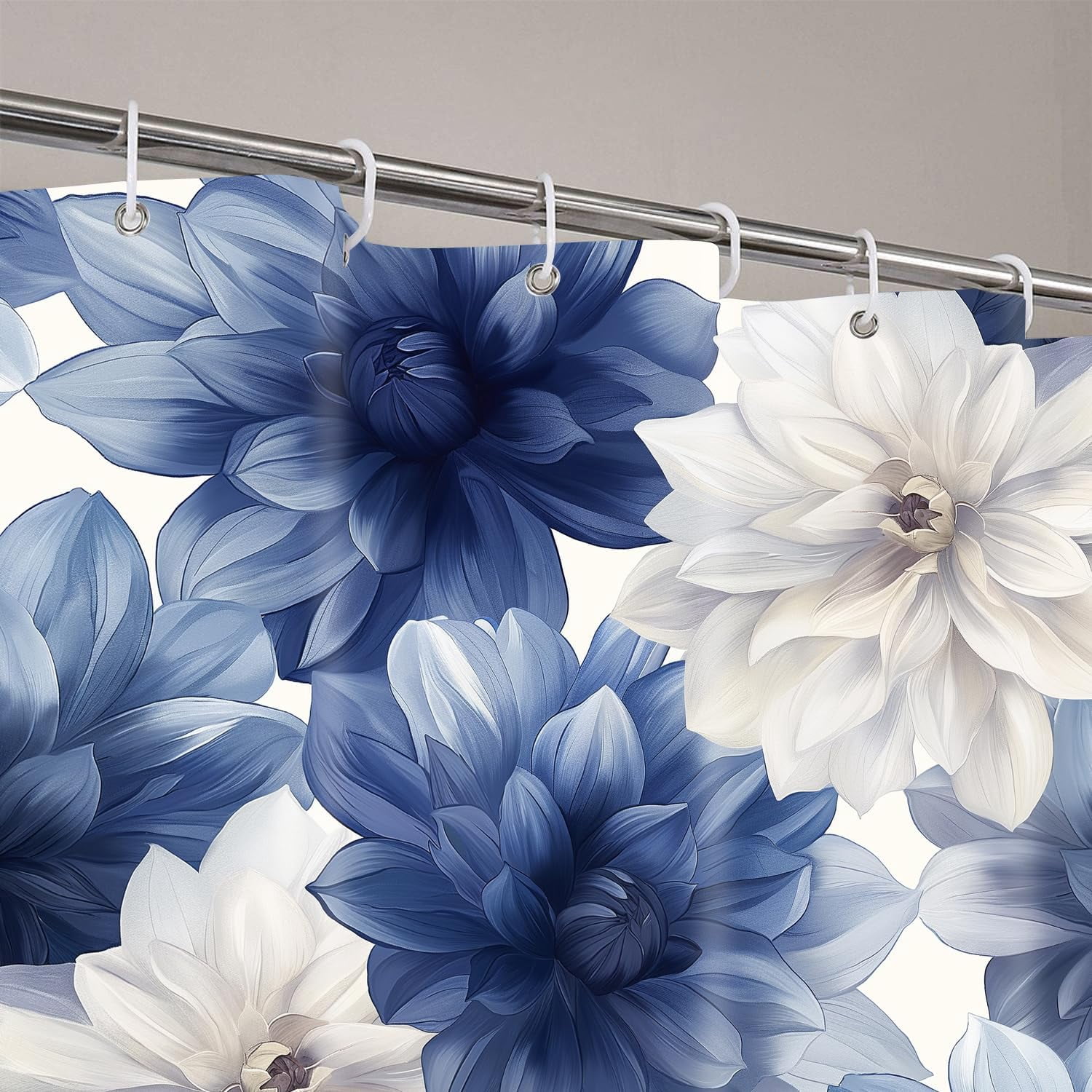 Navy Blue Floral Shower Curtain Set Bathroom Sets with Waterproof Fabric Shower Curtain and Non-Slip Rugs Toilet Lid Cover Bath Mat Decor with Hooks(72x72 Inch)
