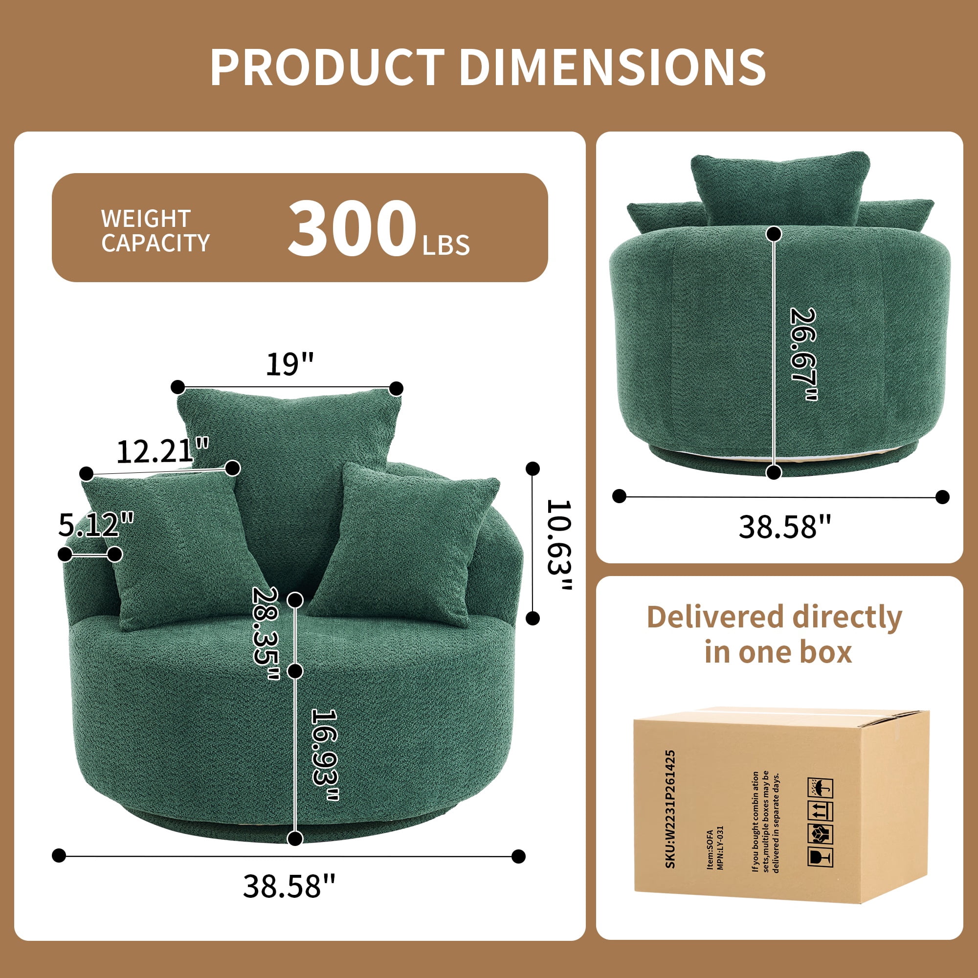 PORKISS Oversized Swivel Accent Chair Barrel Chair, Crochet Yarn Upholstered Armchair with 3 Pillows, Round Armchair Leisure Sofa Chair for Living Room Office Lounge Hotel, Green