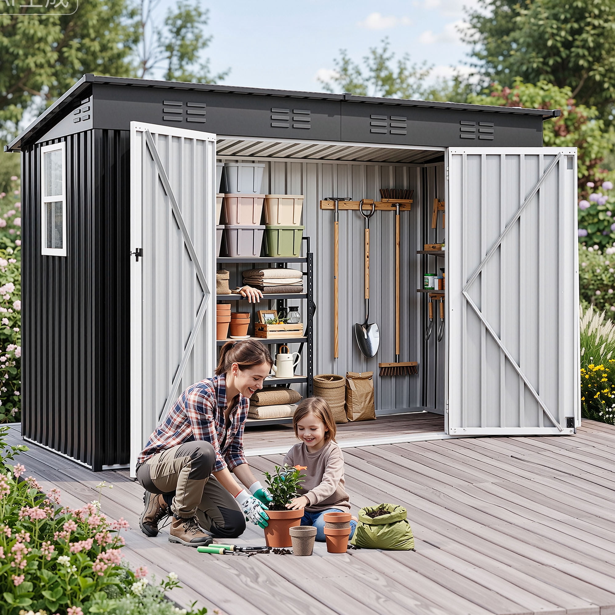 Uforic 9'x4' Steel Outdoor Storage Shed, Lockable Doors, Window & Sloped Roof, Heavy Duty Tool Shed for Garden Backyard Patio, Dark Gray