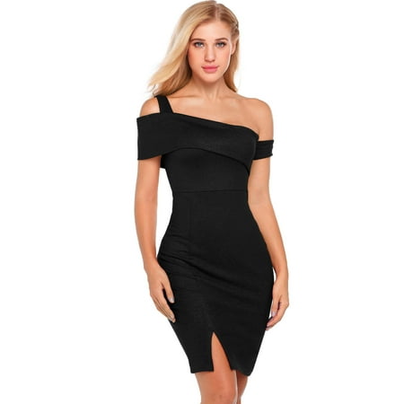 - Women Sexy Sleeveless Solid One Shoulder Evening Bodycon Club Pencil Dress HFON