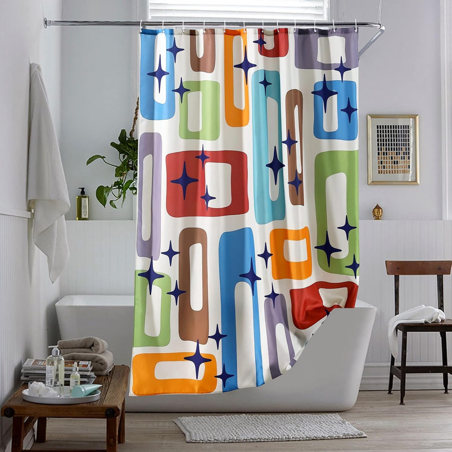 Mid Century Modern Abstract Fabric Shower Curtain Blue Orange 1960’s Old Fashioned Scandinavian Bathroom Decor Accessories Colorful Retro Geometric Shower Curtain Set with 12 Hooks, 72x72