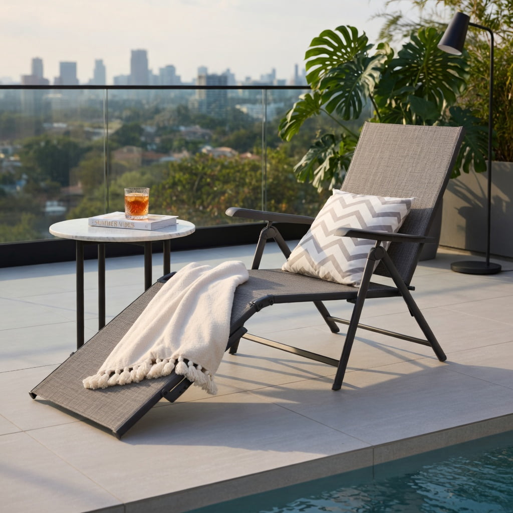Hommoo Foldable Outdoor Chaise Lounge Chair with Adjustable Backrest & Footrest, Steel Frame, Breathable Fabric, for Patio, Poolside & Garden, Gray